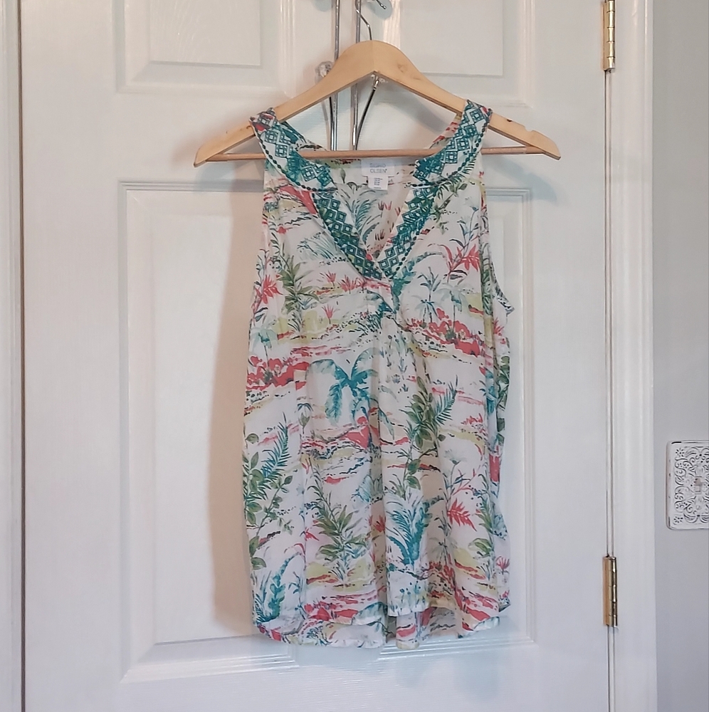 Sigrid Olsen Cotton Embroidered Hawaiian Print Tank Top M Boho Coastal